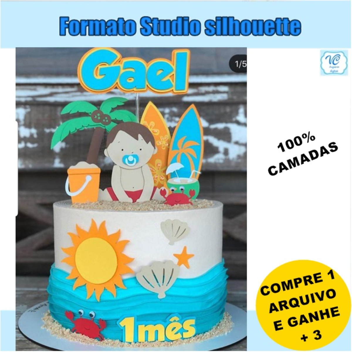 329- Arquivo de corte Topo de Bolo Surf Bebe Praia
