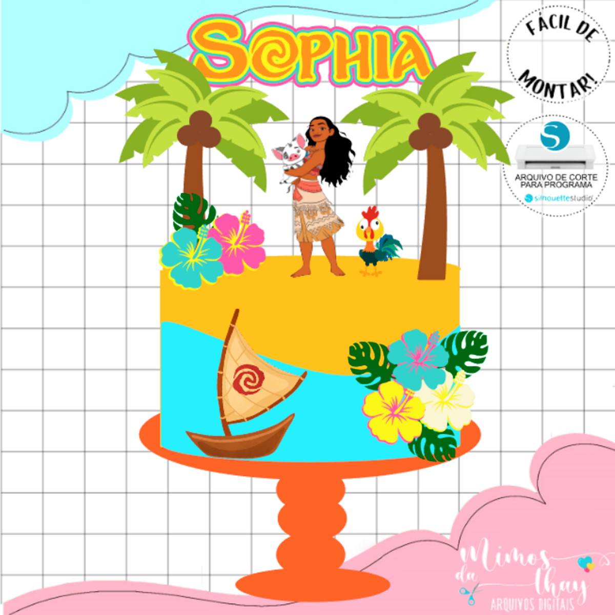 Arquivo de Corte: Topo de Bolo Moana com Flores 008