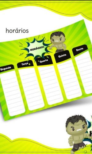 Arquivo Prancheta Horários Escolar Homem de Hulk PDF PNG