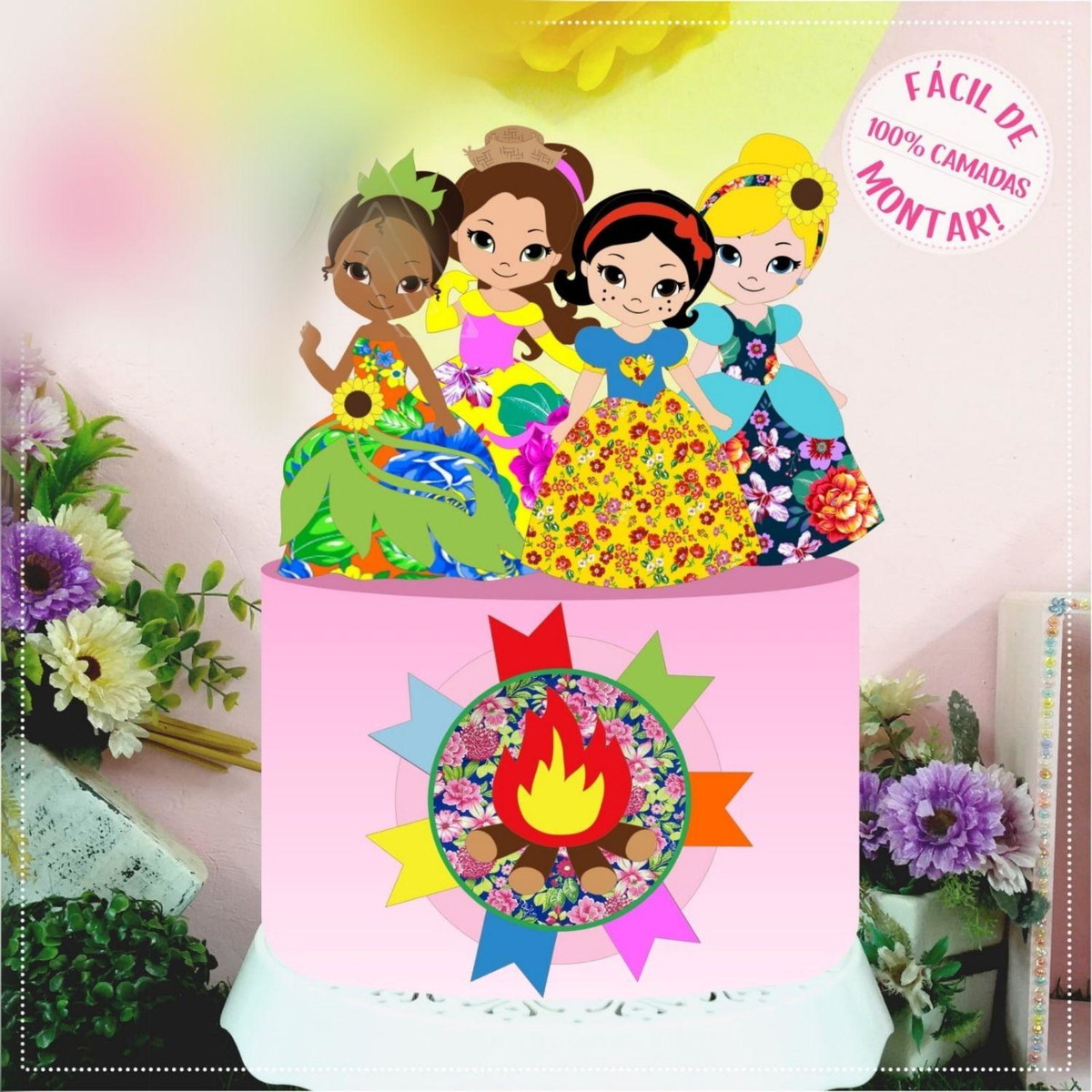 ARQUIVO TOPO DE BOLO ARRAIÁ DA PRINCESAS FESTA JUNINA #14206