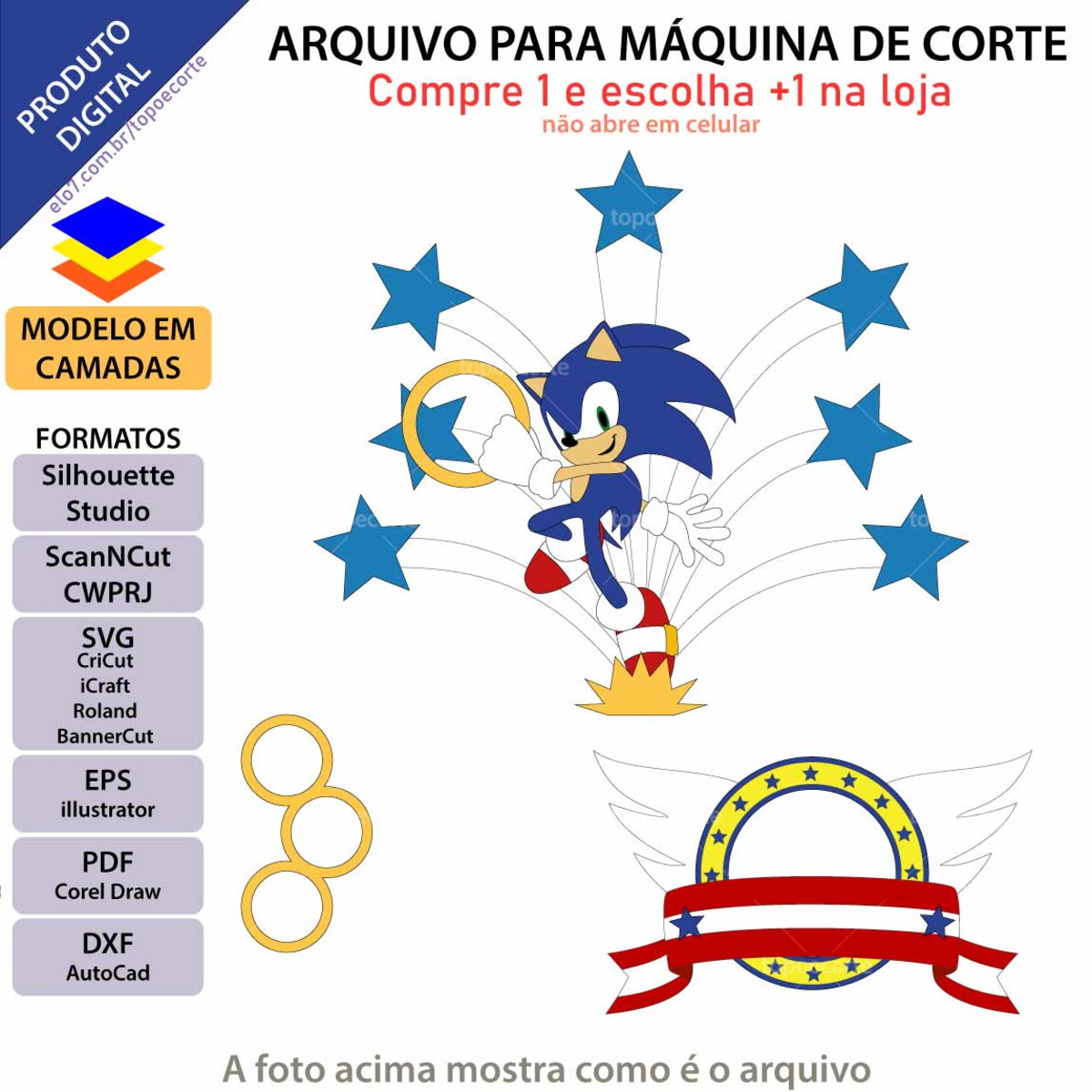 Arquivo Topo de Bolo Sonic Pulando +1 Arquivo da Loja - Imagem 2