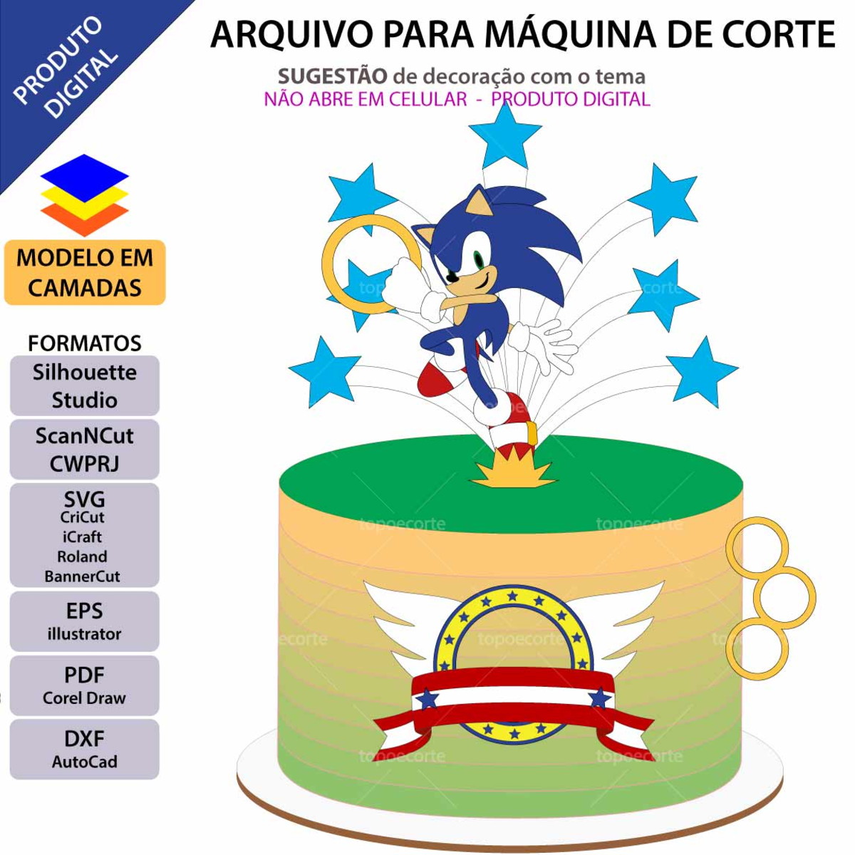 Arquivo Topo de Bolo Sonic Pulando +1 Arquivo da Loja