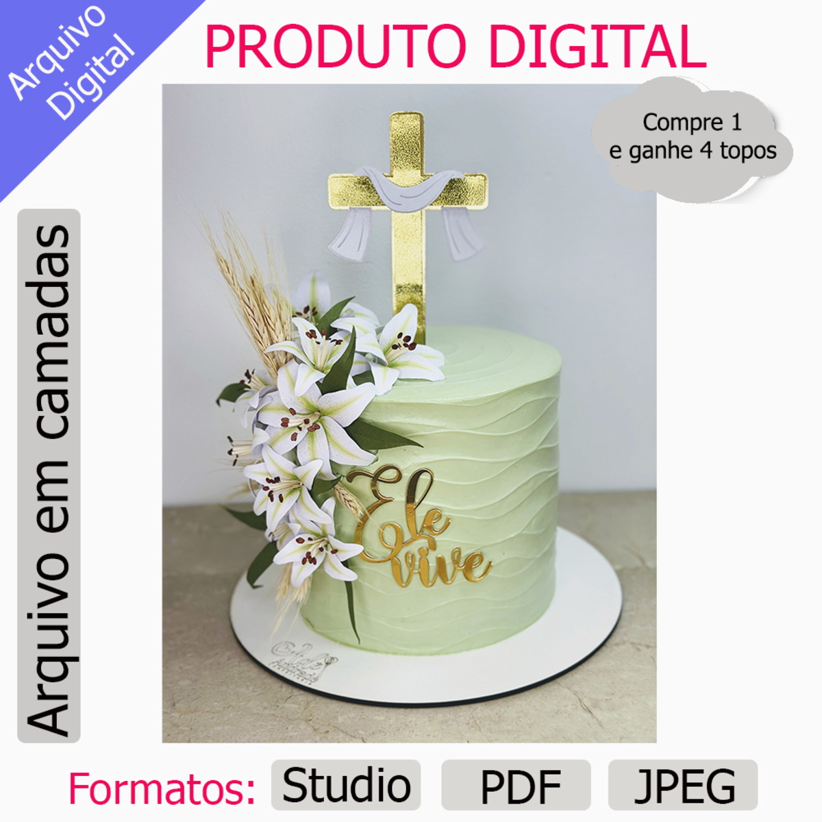 G944- Arquivo Topo de Bolo Lírios Pascoa