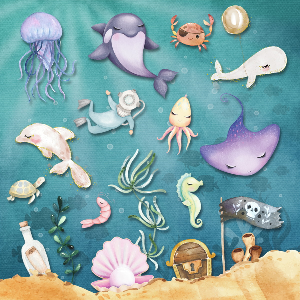 Kit Digital Fundo do Mar Aquarela - Imagem 3