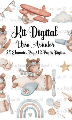 Kit Digital- Urso Aviador Aquarela