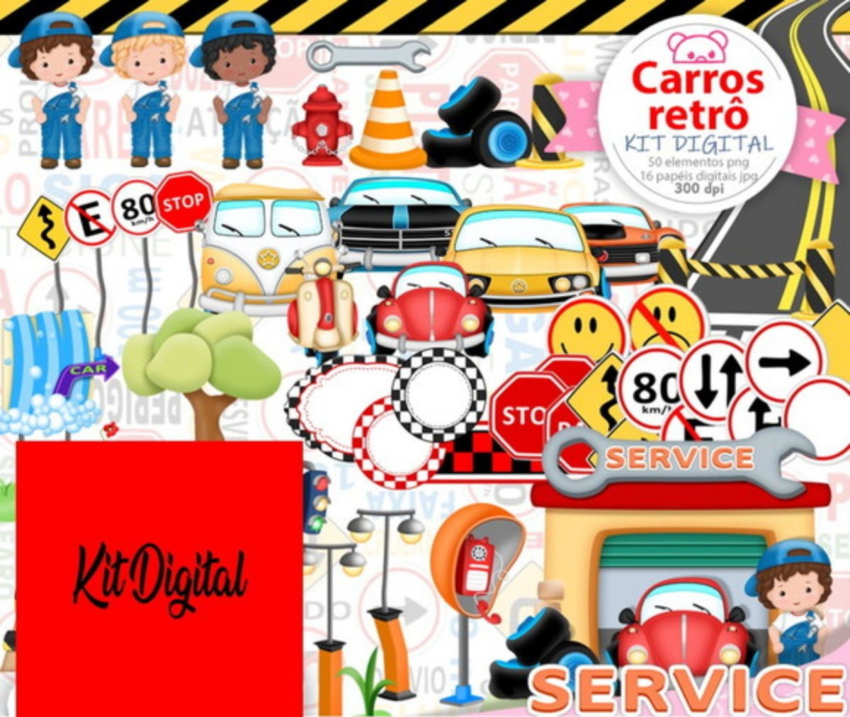 Super kit Digital Carros retro PNG Cliparts- Scrapbook
