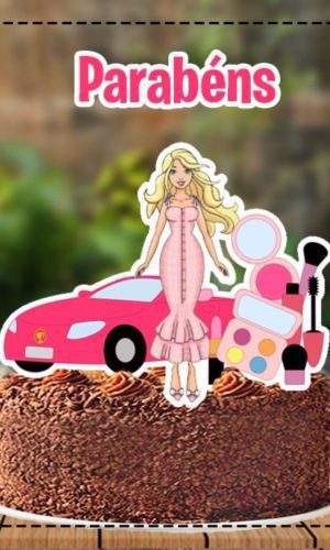 Topo de Bolo Barbie Carro Maquiagem 4858 Arquivo Digital