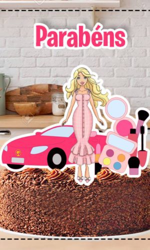 Topo de Bolo Barbie Carro Maquiagem 4858 - Arquivo Digital