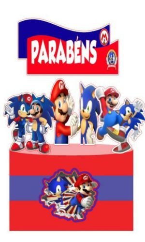 Topo de Bolo Mário Bros Vs Sonic + 4 Arquivos a Sua Escolha