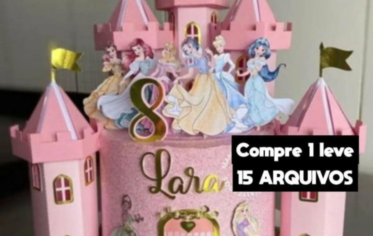 Topo de Bolo-princesas Castelo Rosa 3d Arquivo de Corte