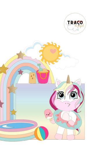 Topo de Bolo Unicornio Praia- 100% Camadas (arquivo Digital)