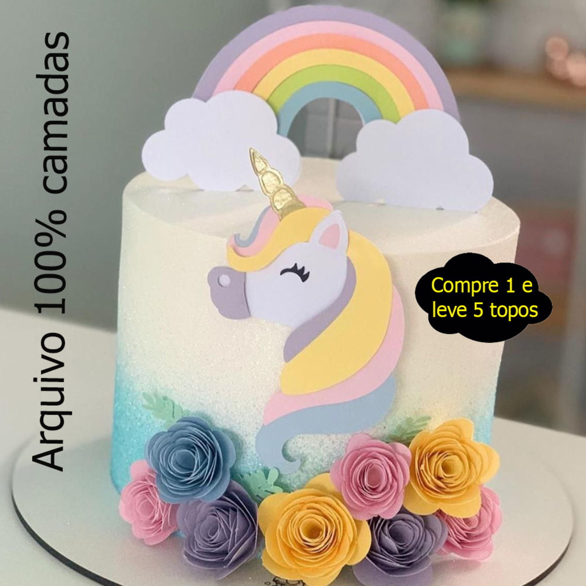 423- topo de bolo Unicórnio em camadas - Arquivo de corte