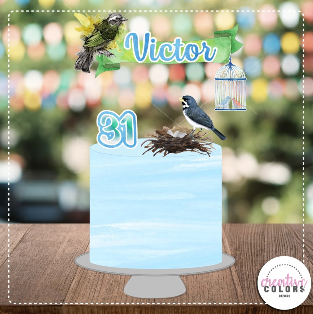 Arquivo Corte Topo de Bolo Passarinhos Aquarelado