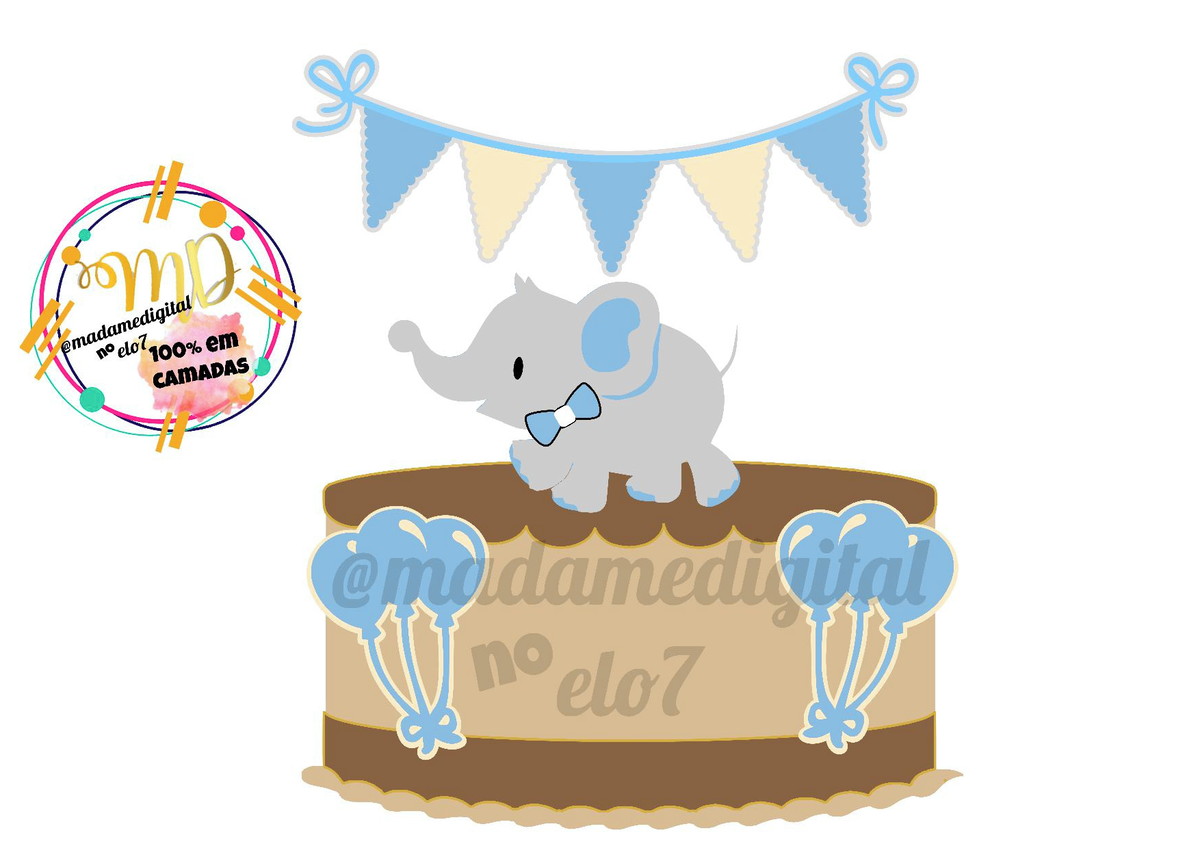 Kit com 5 arquivos de corte:03-ELEFANTE TOPO DE BOLO camadas