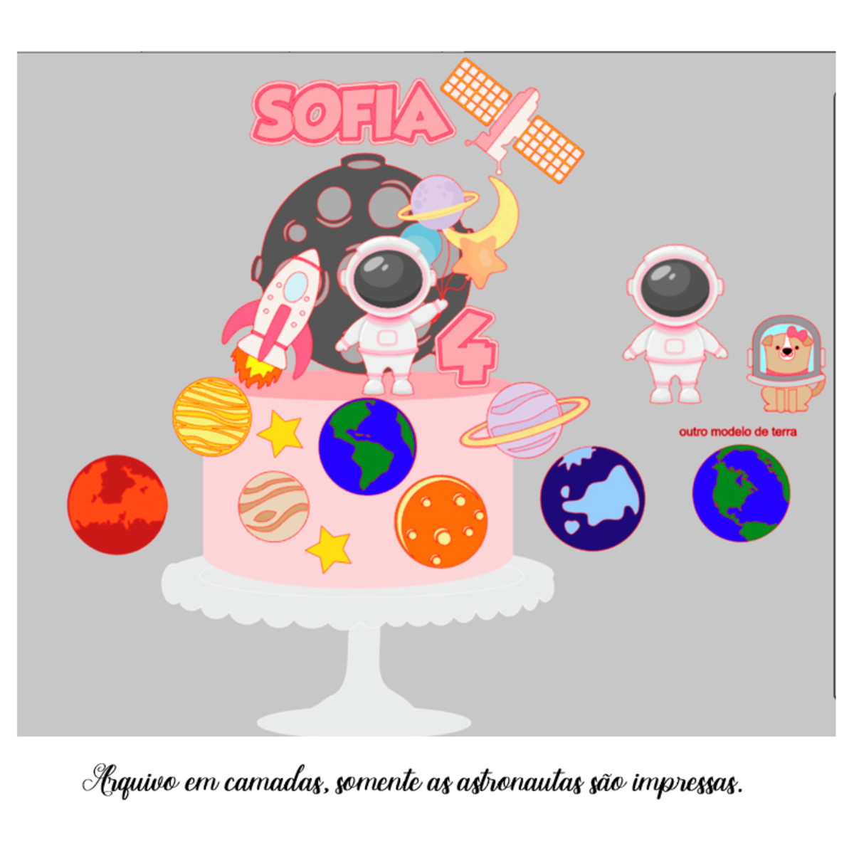Arquivo de Corte Topo de Bolo Astronauta Menina e Kit + Brin