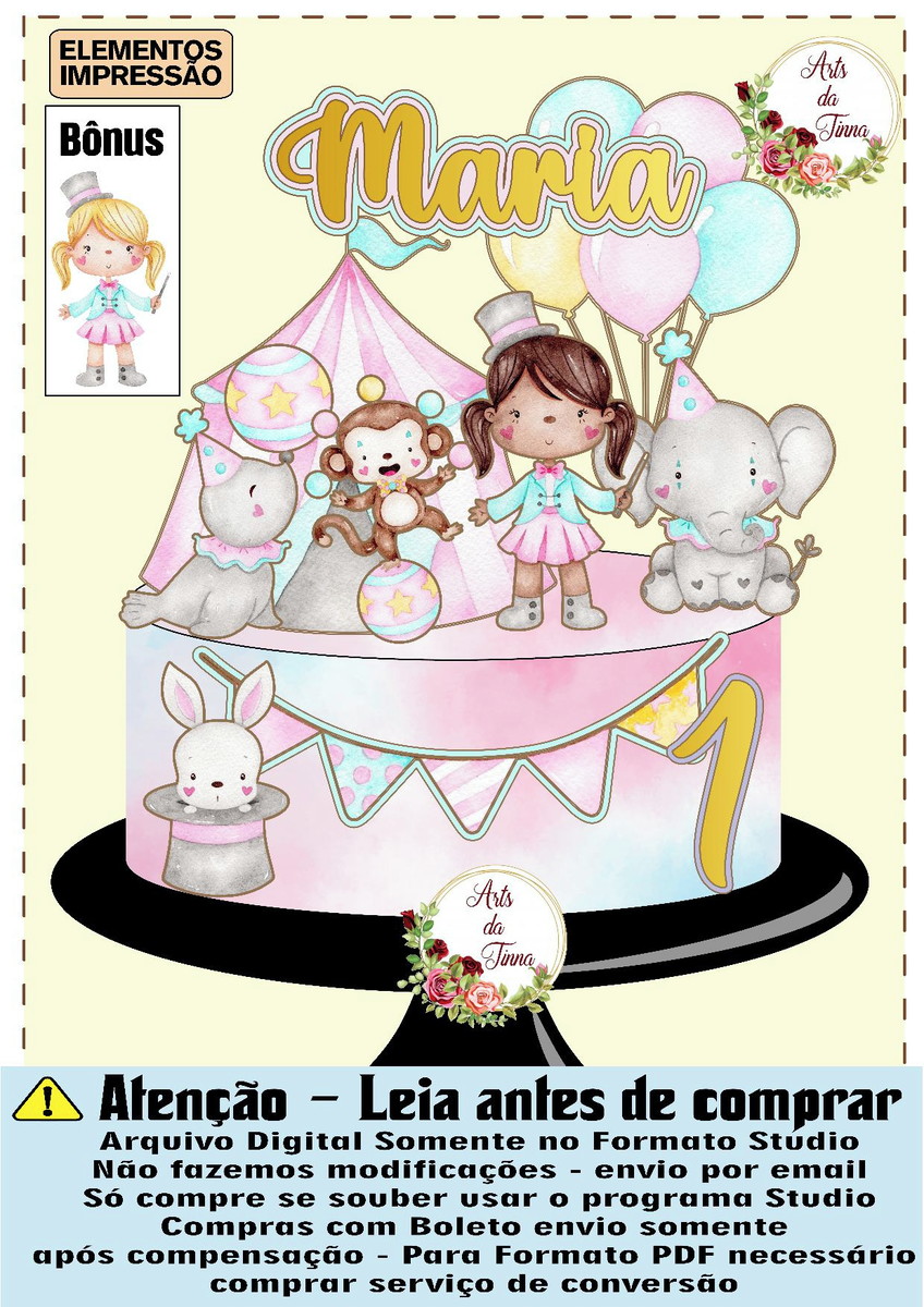 ARQUIVO DE CORTE - TOPO DE BOLO CIRCO MENINA AQUARELADO 021
