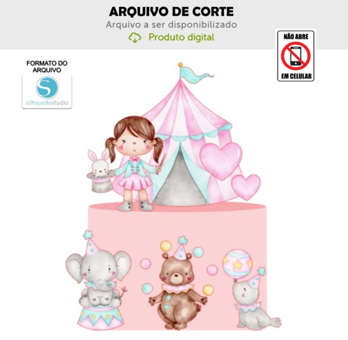 Arquivo de Corte Topo de Bolo Circo Rosa Aquarelado