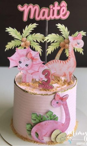 Arquivo de Corte: Topo de Bolo Dinossauro Aquarela Rosa 025