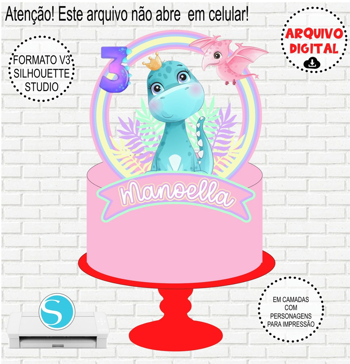 Arquivo de Corte Topo de Bolo Shaker Dino Menina #937 - Imagem 2