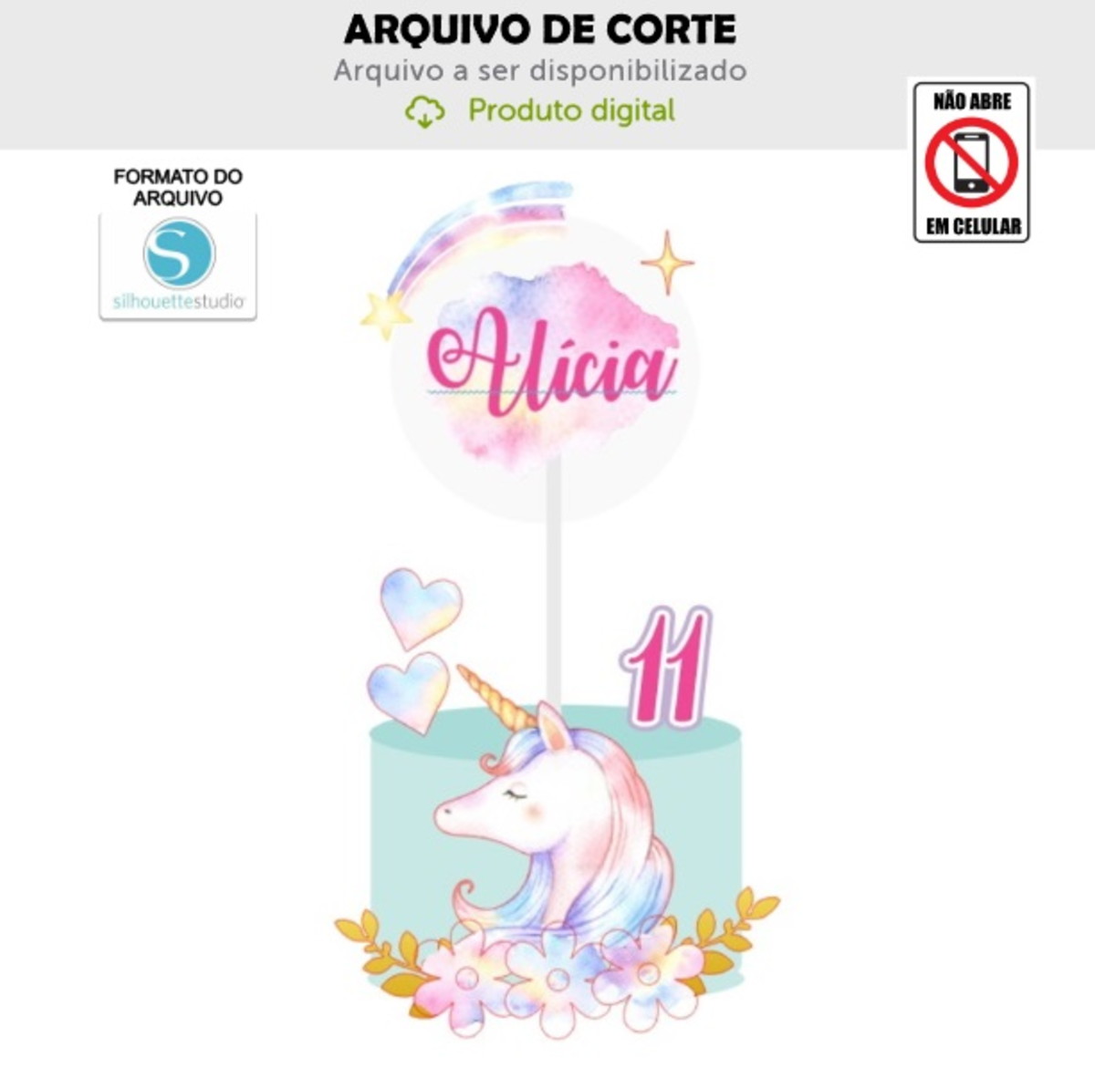 Arquivo de Corte Topo de Bolo Unicornio Aquarelado