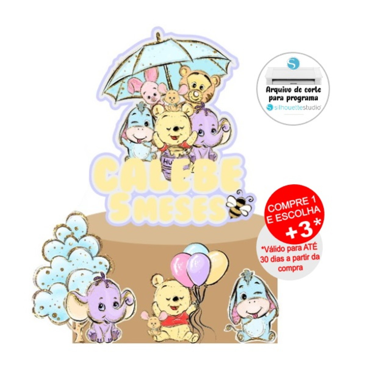 Arquivo de Corte Topo de Bolo Ursinho pooh aquarelado