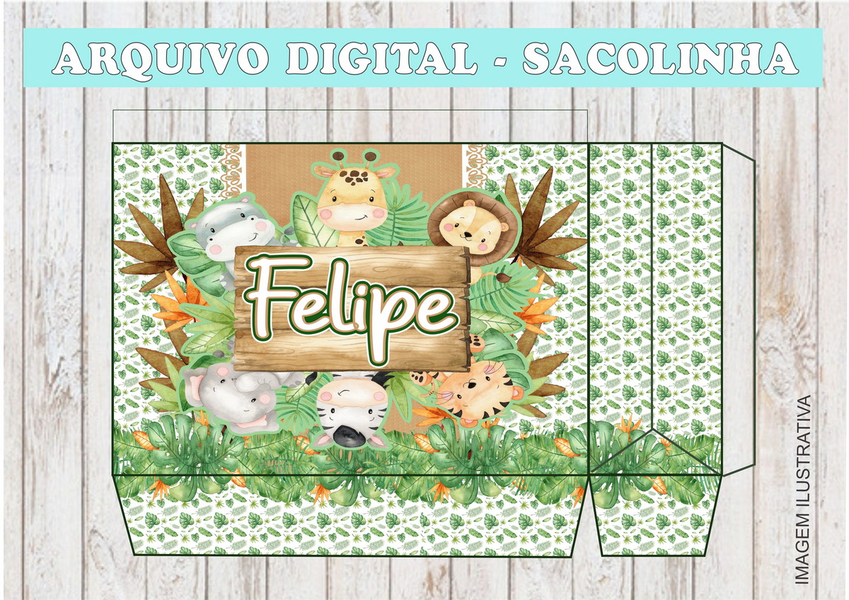 Arquivo Digital Sacolinha Safari Aquarela Jpeg/pdf