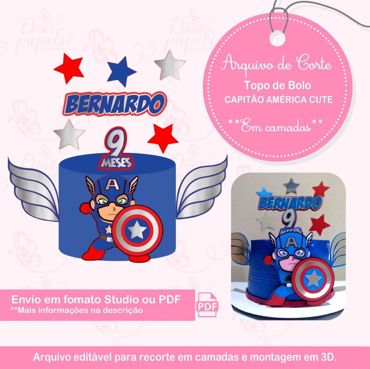 Arquivo Topo de Bolo Capitão América Cute 3d
