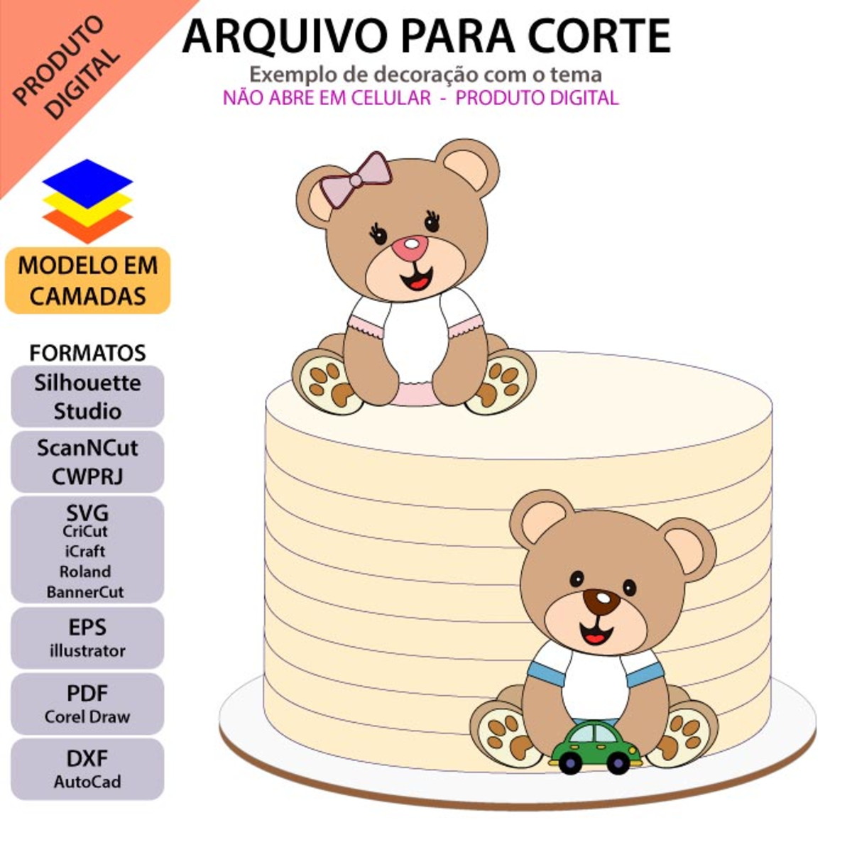 Arquivo Topo de Bolo Chá Revelação Ursinha e Ursinho +1 Tema - Imagem 2