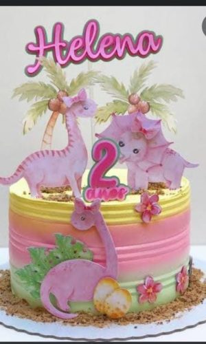 arquivo Topo de bolo dinossauro menina aquarelado
