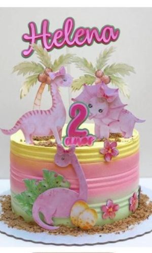 Arquivo topo de bolo Dinossauro rosa aquarelado -05-COD: 919