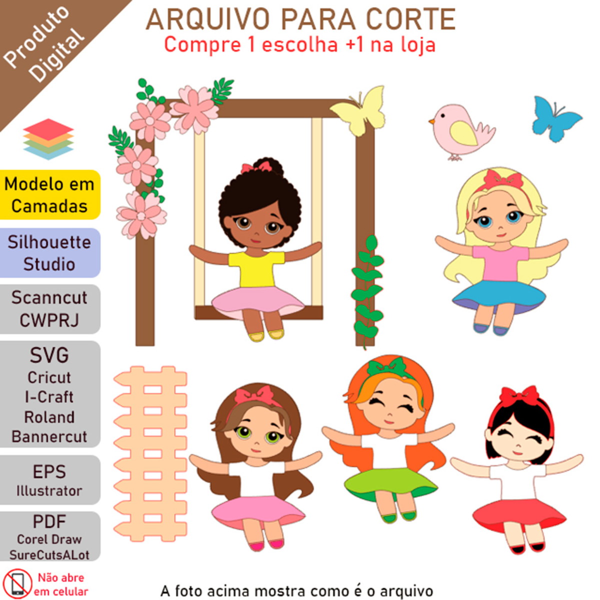 ARQUIVO Topo de bolo Menina No Balanço +1 arquivo da loja