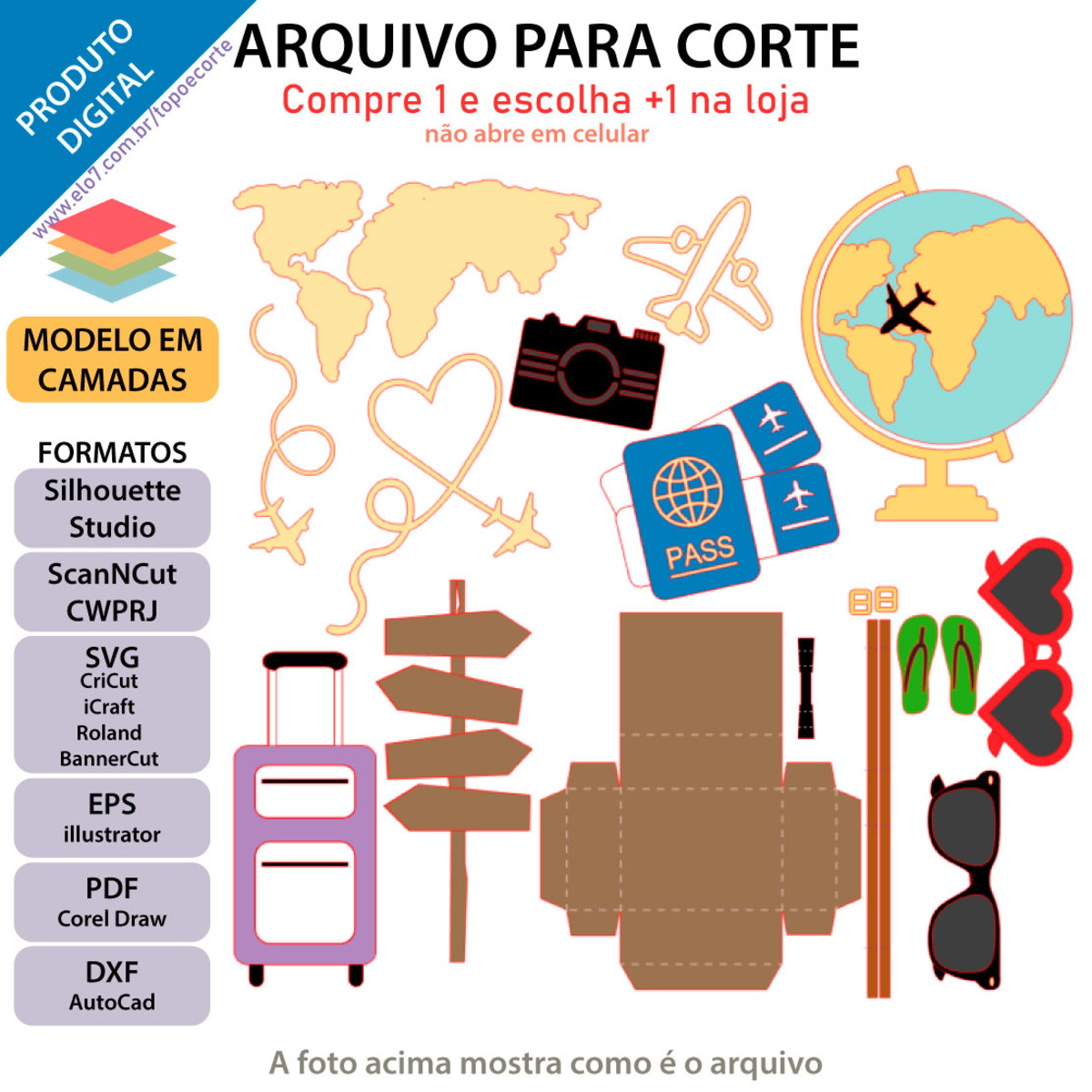 Arquivo Topo de bolo - Viagem mala 3D - SVG, Studio, Canva