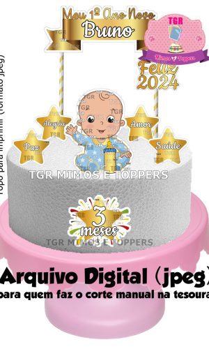 Arte Digital - Topo de Bolo Mesversário Ano Novo Menino Jpeg