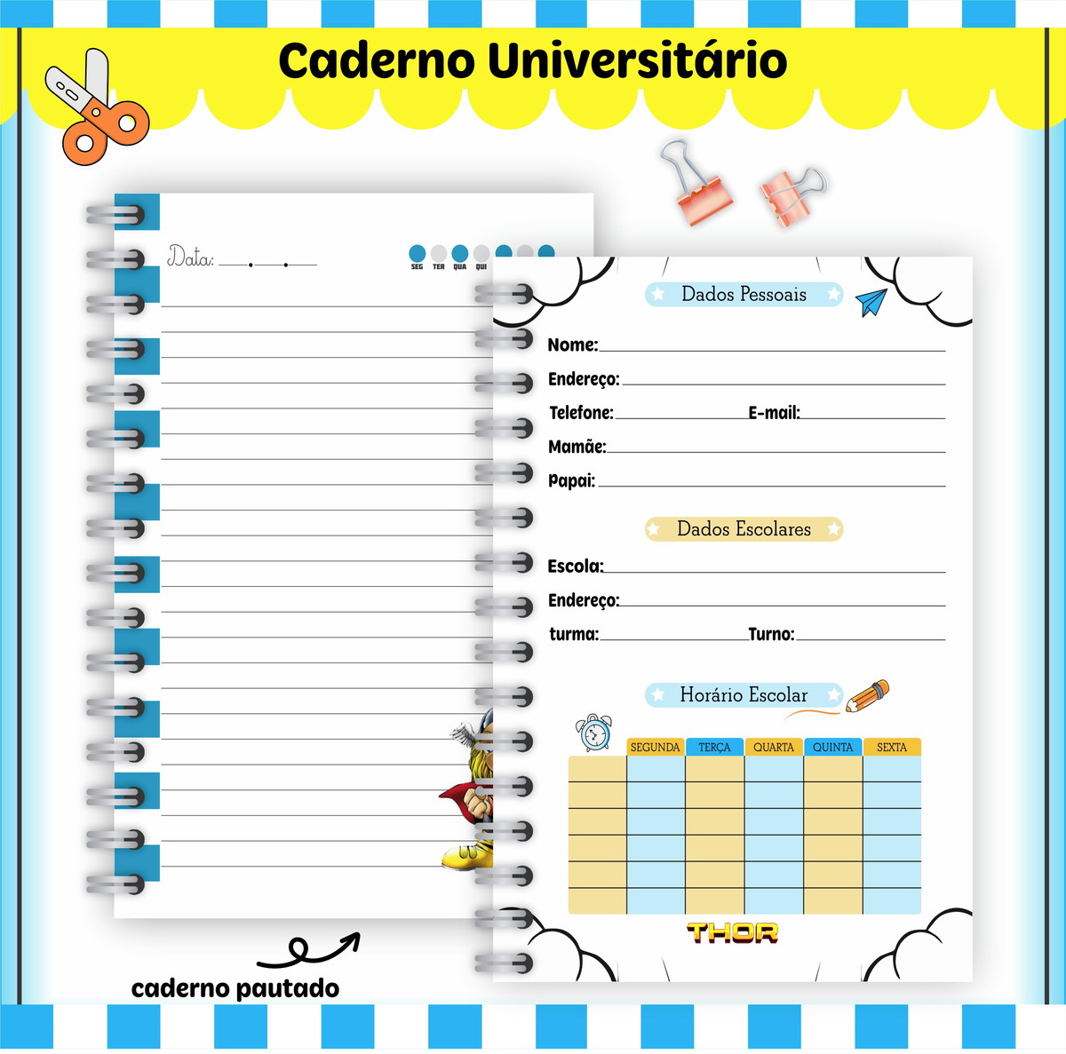 Etiquetas. Cadernos, Thor em Png e pdf
