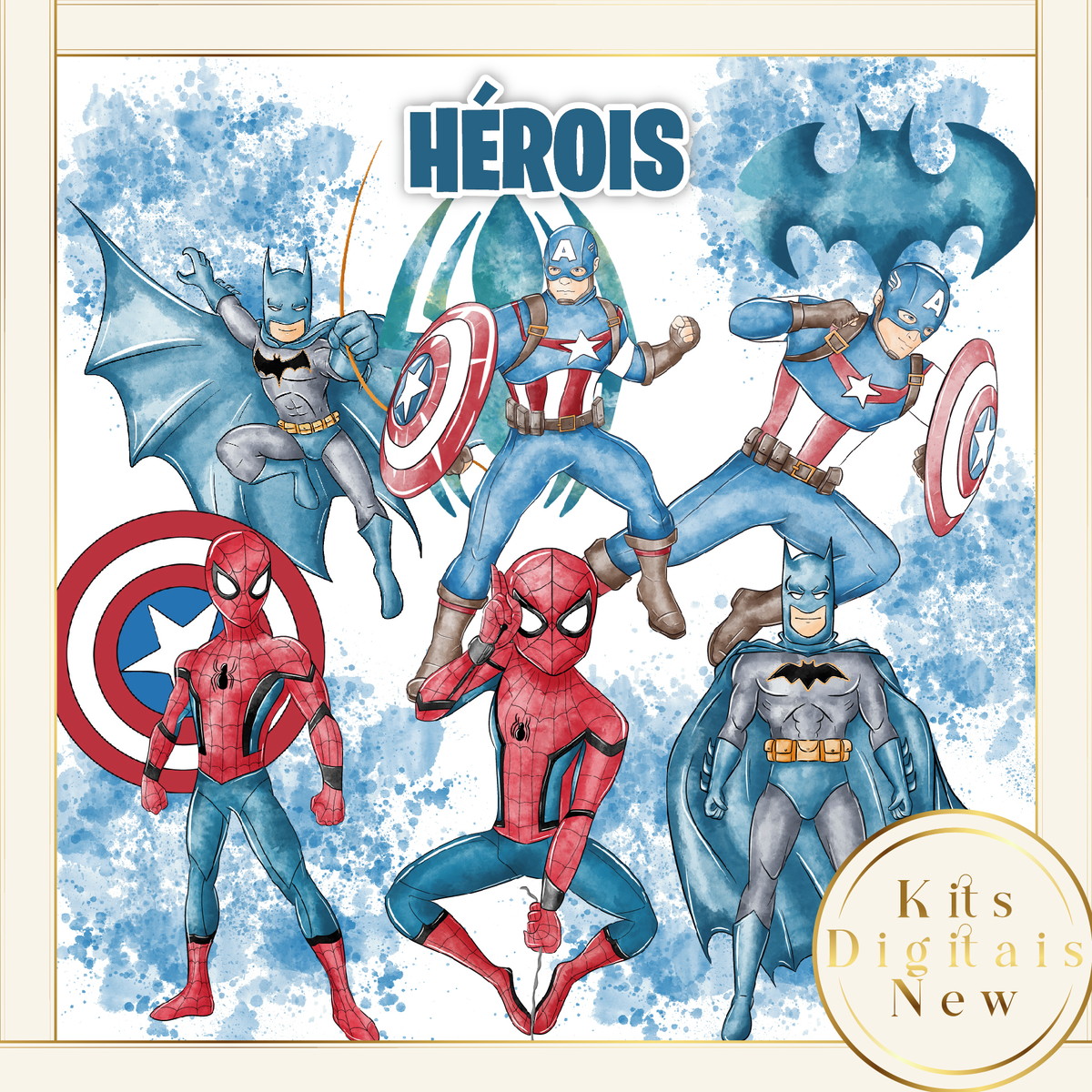 Heróis Homem Aranha Batman Aquarela Kit Digital