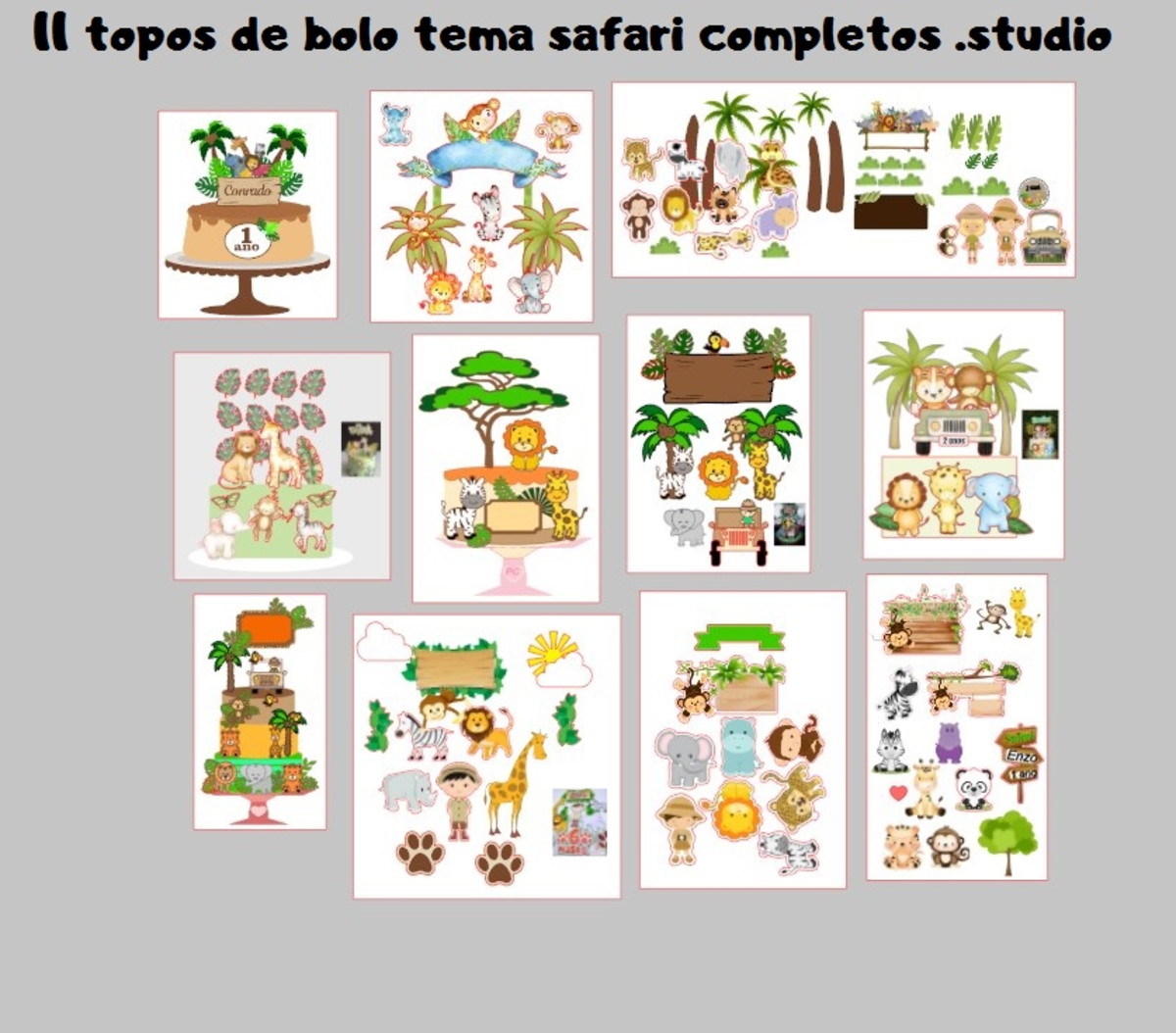Kit 11 Arquivos Digitais de Corte Topo Bolo Safari Cute