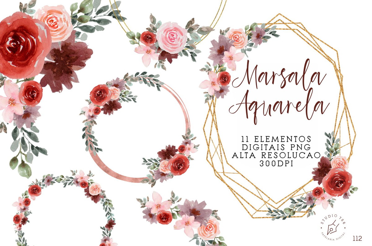 Kit Digital Marsala Floral Aquarela 11 Arquivos PNG cd.112