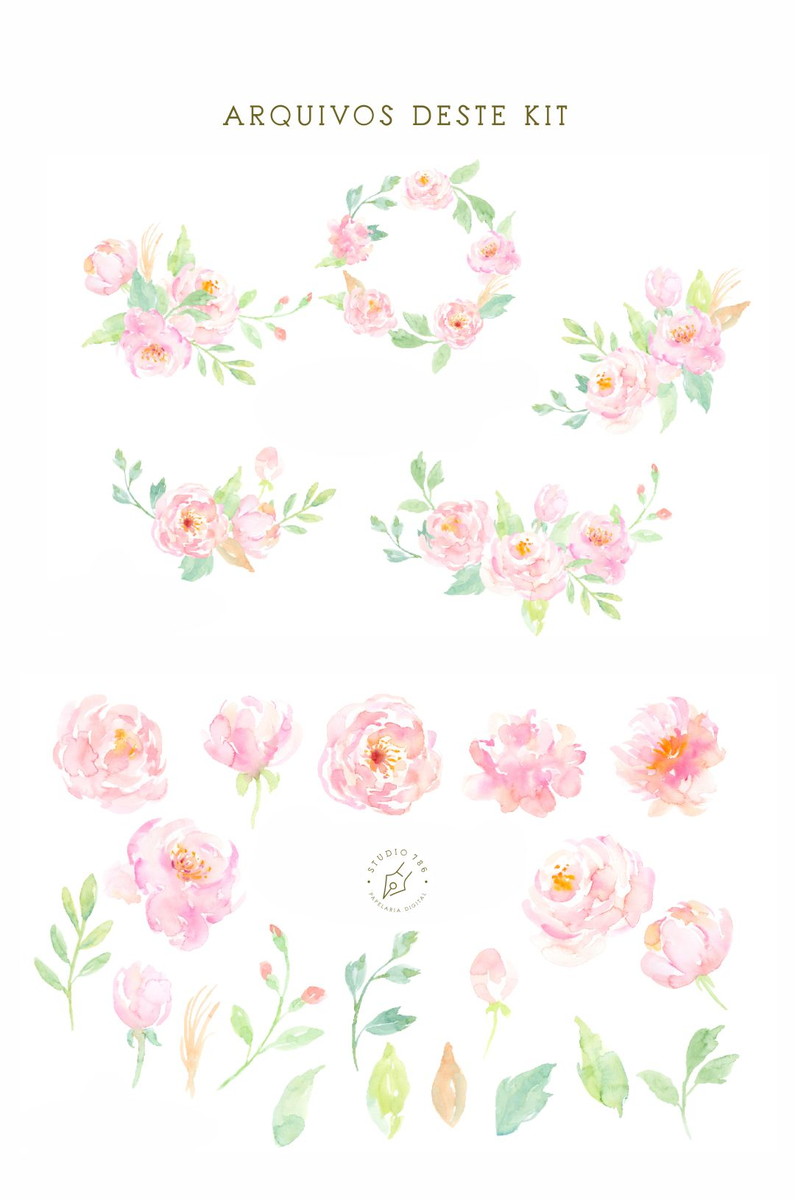 Kit 25 Elementos Digitais Floral Aquarela PNG - Cód. 120 - Imagem 2