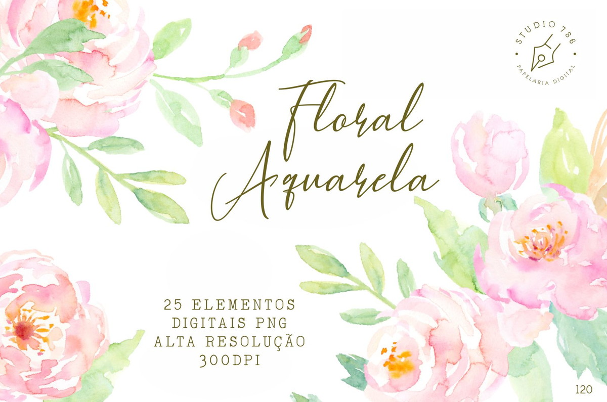 Kit 25 Elementos Digitais Floral Aquarela PNG - Cód. 120