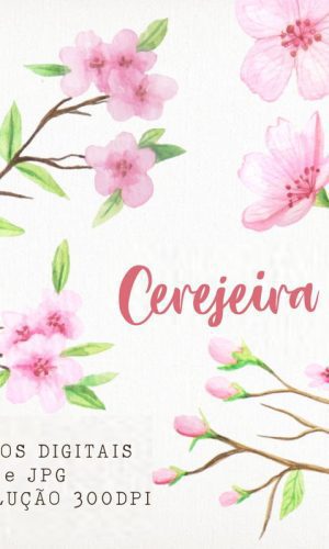 Kit 33 Arquivos Florais Cerejeira Aquarela PNG e JPG - C.187