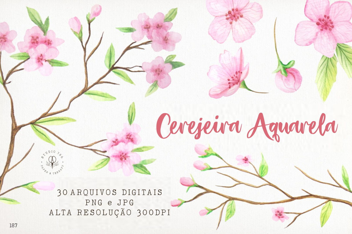 Kit 33 Arquivos Florais Cerejeira Aquarela PNG e JPG - C.187