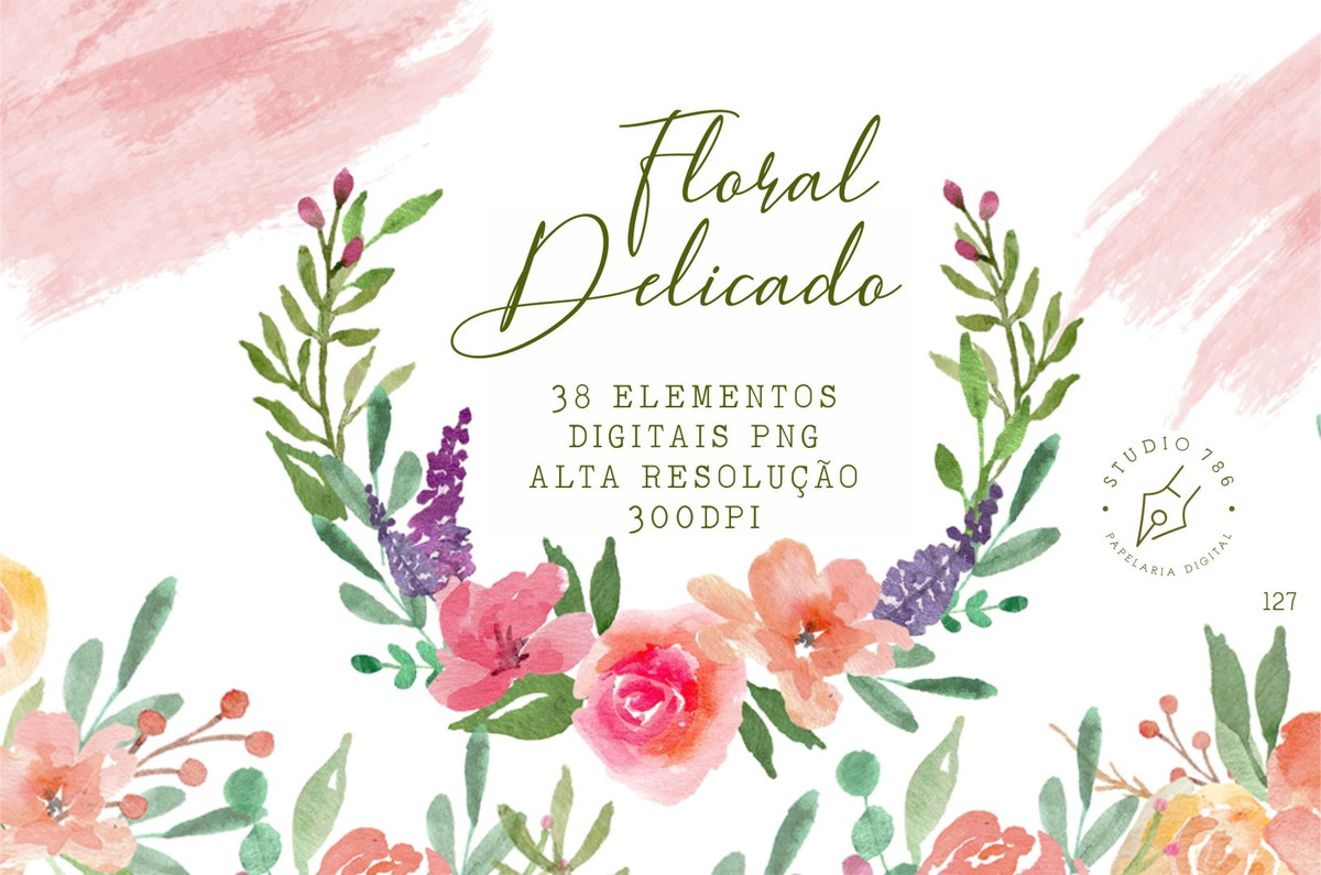 Kit 38 Elementos Digitais Floral Aquarela PNG - Cód. 127