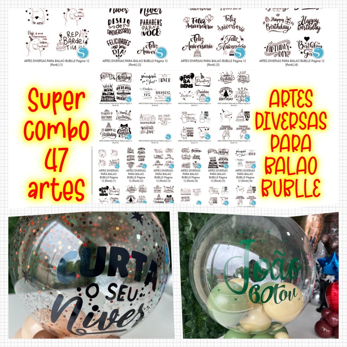 Kit 47 Artes para Balão Bubble - Arquivo Digital