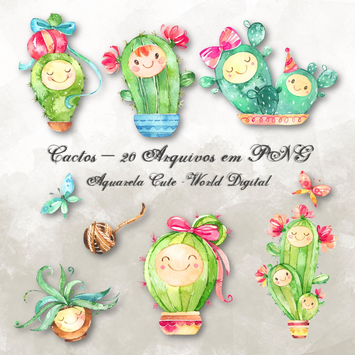 Kit Arquivo Digital em PNG Aquarela Cute Cactos - Imagem 2