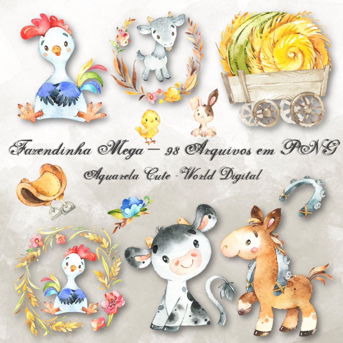 Kit Arquivo Digital em PNG Aquarela Cute Fazendinha Mega - Imagem 2
