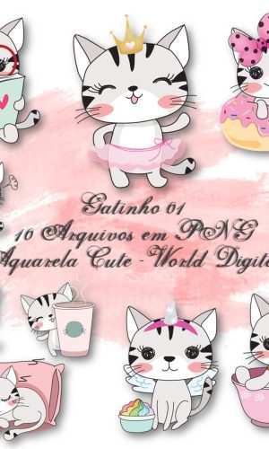 Kit Arquivo Digital em PNG Aquarela Cute Gatinho 01