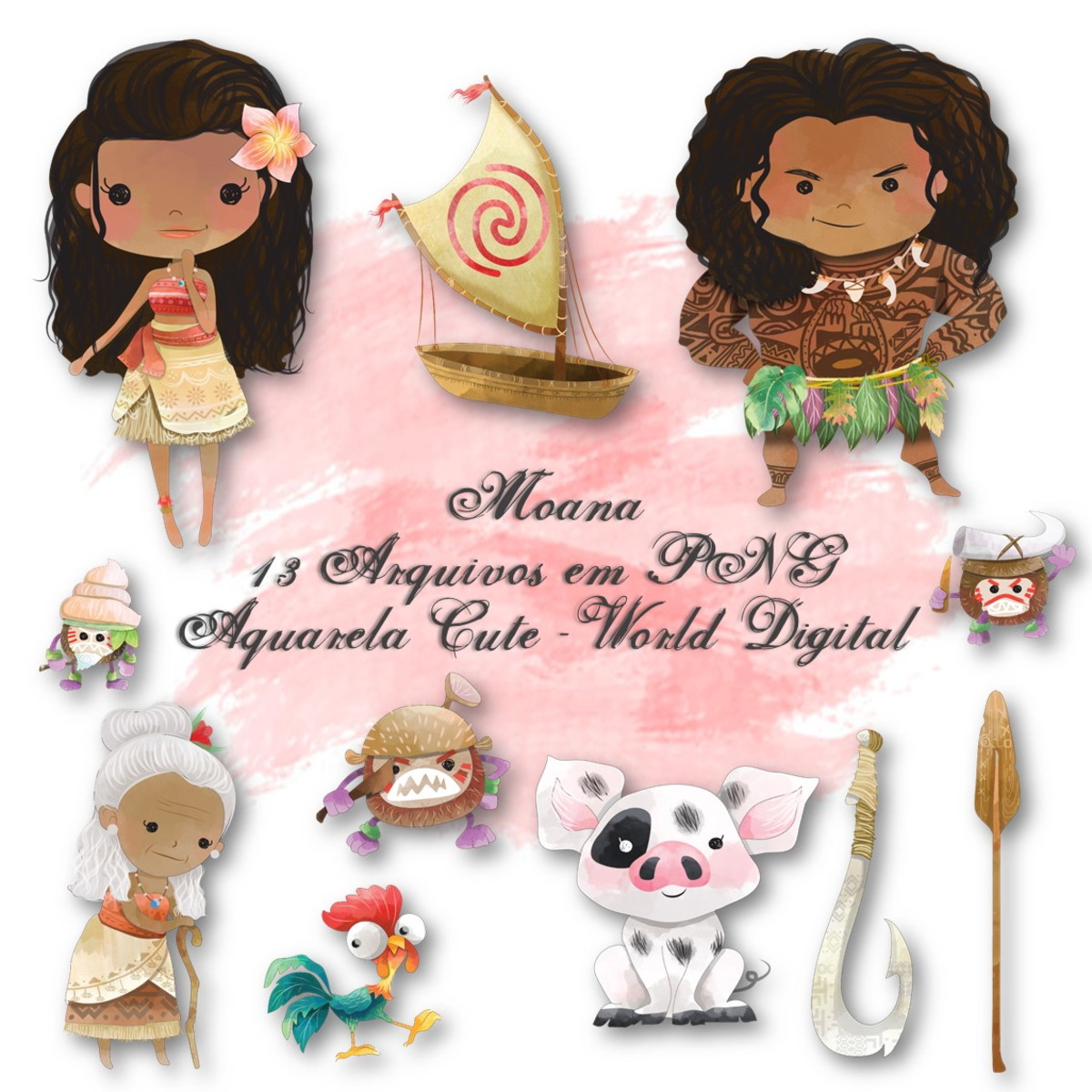 Kit Arquivo Digital em PNG Aquarela Cute Moana