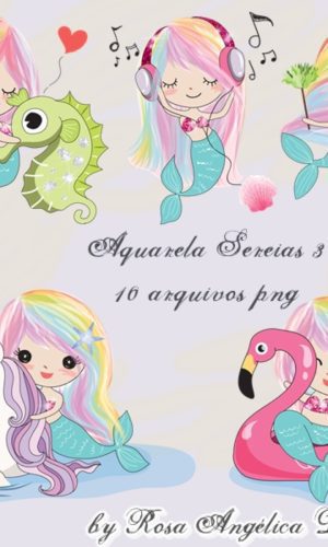 Kit Arquivo Digital em PNG Aquarela Cute Sereias 3