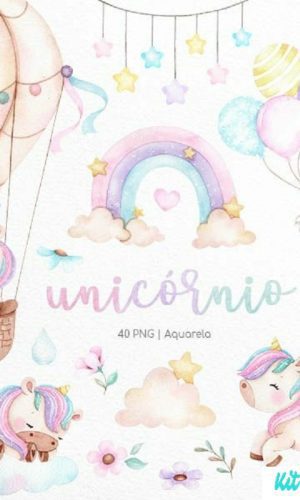 Kit Arquivo Digital Png Aquarela Unicórnio Arco Íris