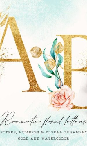 Kit Digital Alfabeto Floral Dourado Aquarela- 071